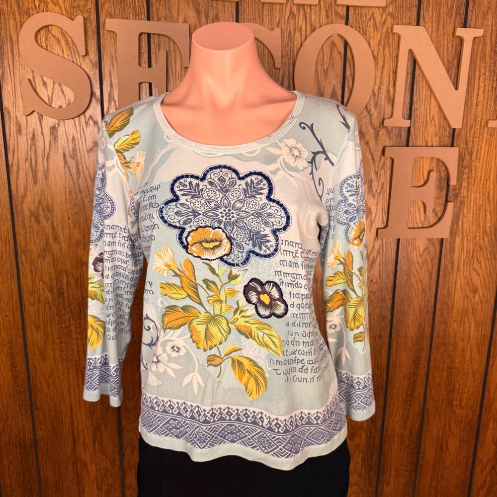 Dressbarn Top Women S Blue Floral Embroidered Sequin Script Y2k Boho Folk Artsy
